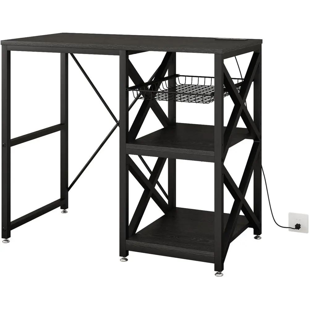 

Bakers Rack with Power Outlet, Storage Cabinet, and Microwave Table, Ideal for Kitchen, Living Room, Coffee Bar, Patio, Black