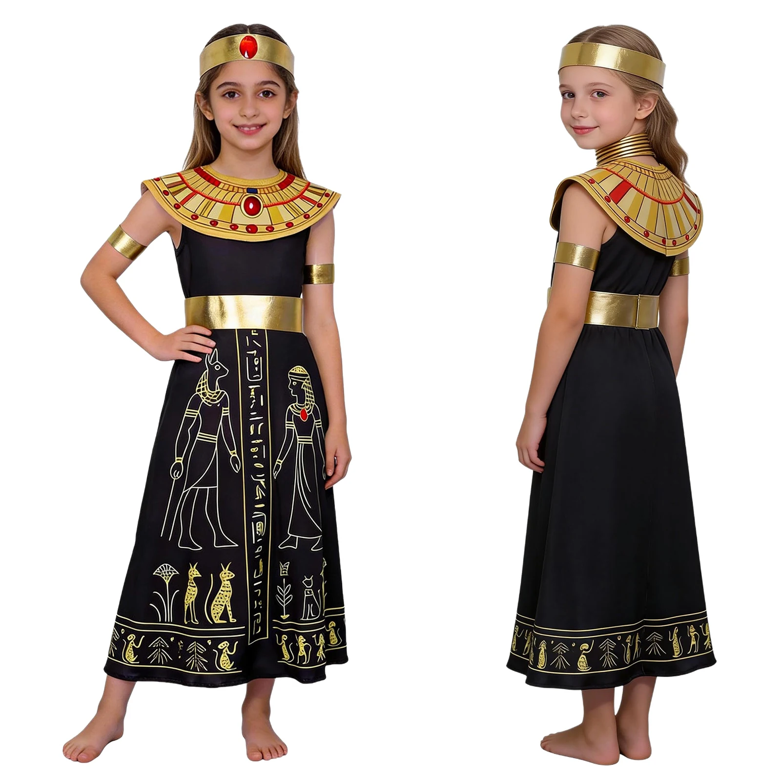 Disfraz de Cleopatra, Reina de Egipto, para niñas, vestido sin mangas con cinturón para el cuello, bandas para las muñecas y diadema para Halloween y carnaval