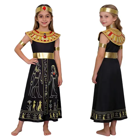 Girls Cleopatra Egypt Queen Cosplay Costume Sleeveless Dress with Neckwear Belt Wrist Bands Headband for Halloween Carnival
