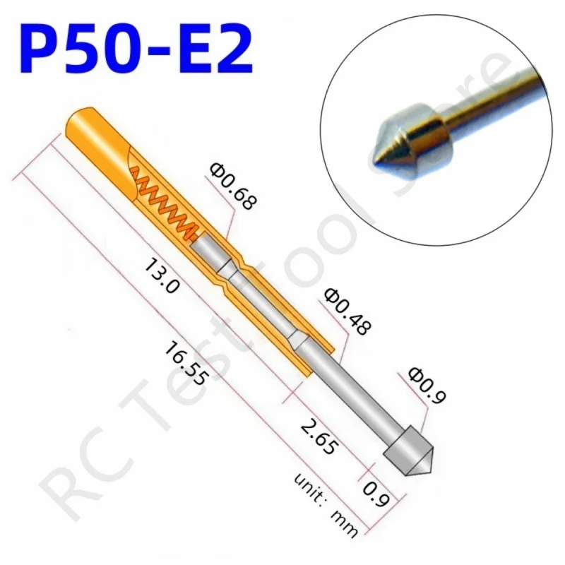 100 Stuks P50-E2 Veertest Sonde Testpin Pogo Pin P50-E Elektrische Ict Fct Pcb Testtool 0.90/0.68/16.55Mm Conische Naald