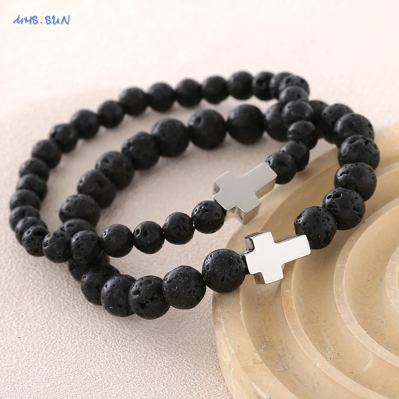 Latest Men's Handmade Molten Rock Volcanic Stone Bead Bracelet Classic Stainless Steel Cross Pendant Bracelet Daily Bracelet