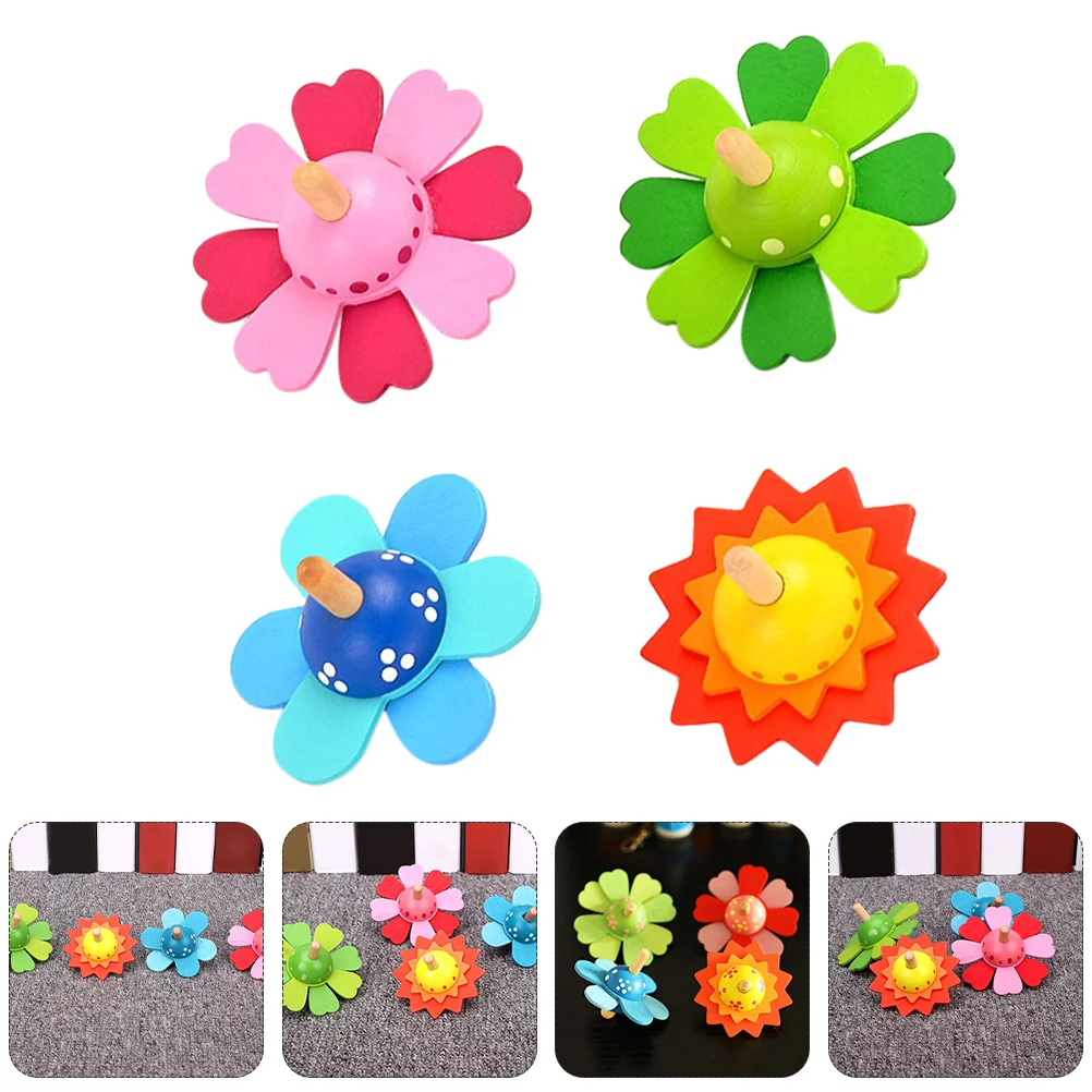 4 Pcs Flower Spinning Top Popular Toy for Kids Gyro Toys Shape Vintage Multiple Pressure Relief Wood