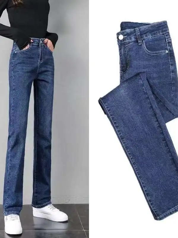 

Джинсы Tendy с высокой талией и прямым кроем для женщин, осень-зима, новые, синие, из искусственной кожи, средней эластичности, больших размеров