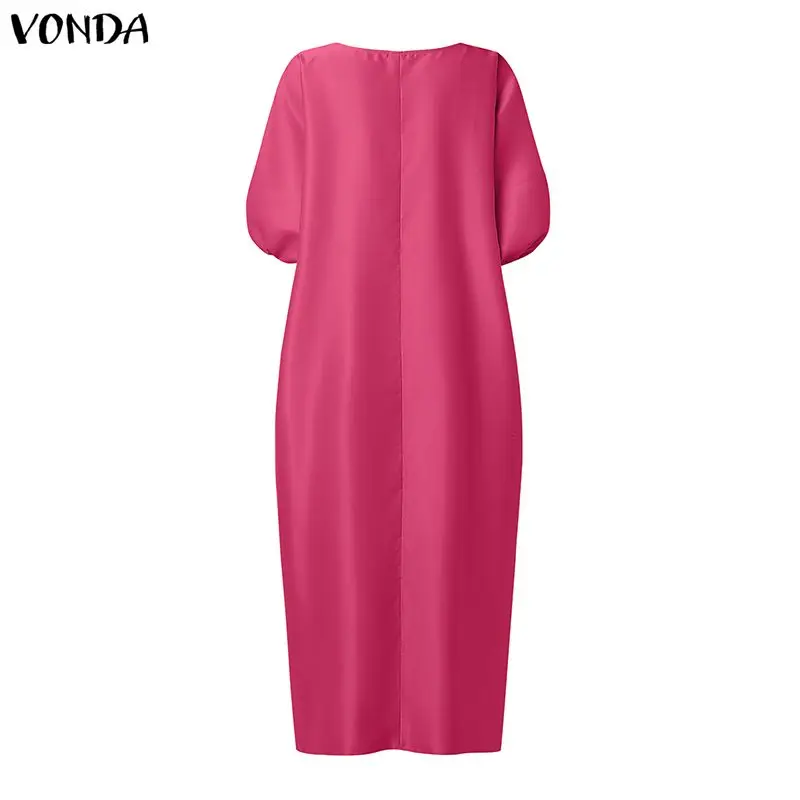 VONDA Plus Size 5XL Flower Patchwork Women Satin Dresses Elegant Puff Sleeve Maxi Vestidos 2026 V-Neck Party Evening Robe Femme view 5