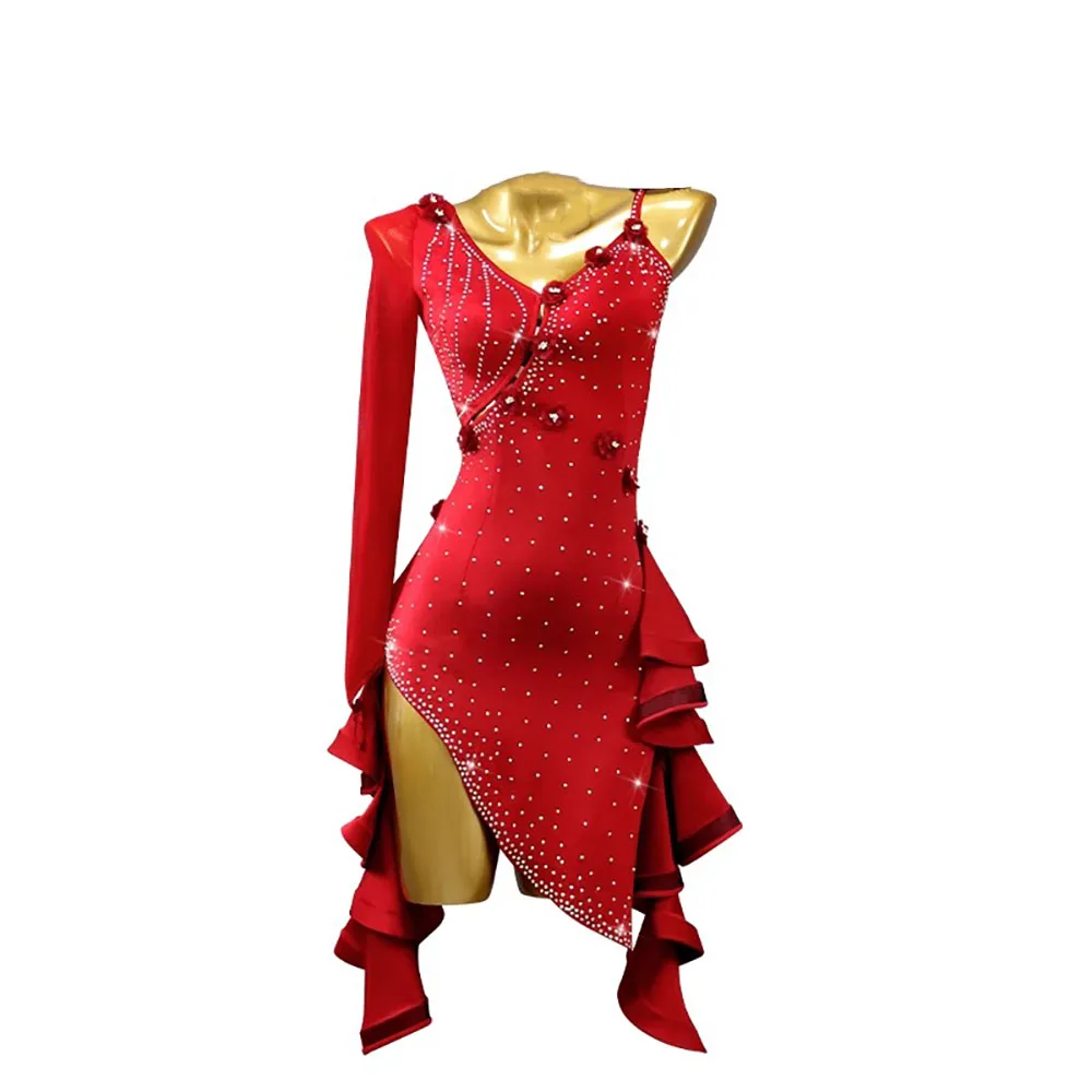 

Latin Dance Competition Women's High-end Custom Red Floral Clothing, Samba Tango Performance Clothing, Black Pool Dress