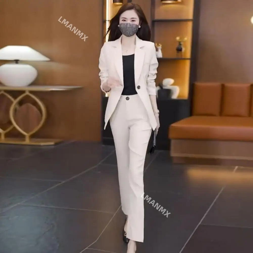 3 Pcs Women Business Suit Vest Coat Pants Set Long Sleeve Slim Fit Single Button High Waist Commute Top Jacket Trousers Set