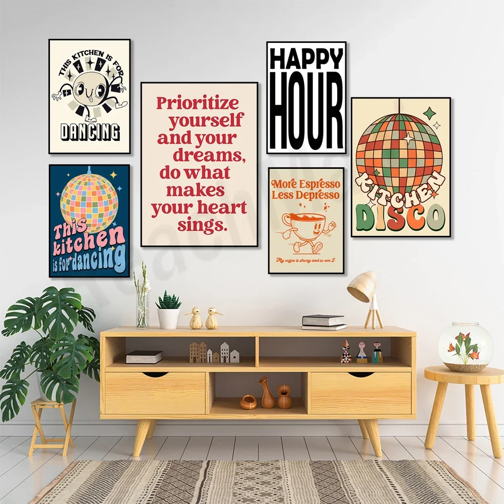 This kitchen is for dancing print, retro kitchen disco, guest check poster, coffee art, positive affirmation, rainbow print