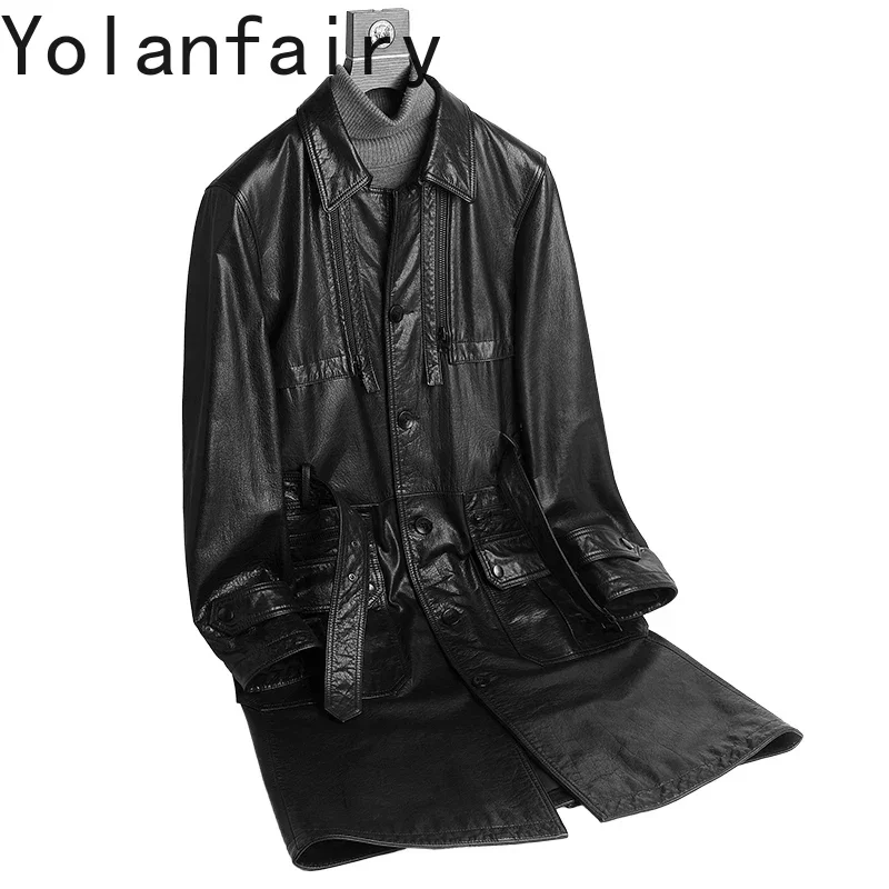 

YOLANFAIRY Genuine Leather Jacket Man Top Layer Cowhide Windbreaker Long Leather Coat Business Casual Coats Spring Fall Jackets