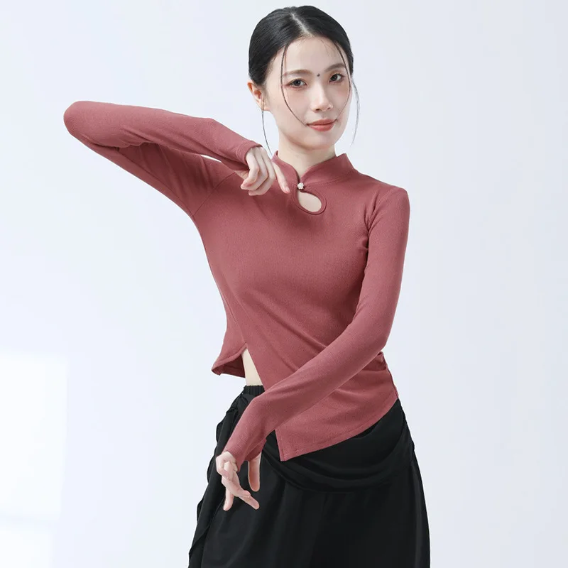 Ubrania do tańca dla dorosłych damskie z długimi rękawami, kołnierzem cheongsam, najlepsze ubrania do ćwiczeń chiński klasyczny taniec ludowy