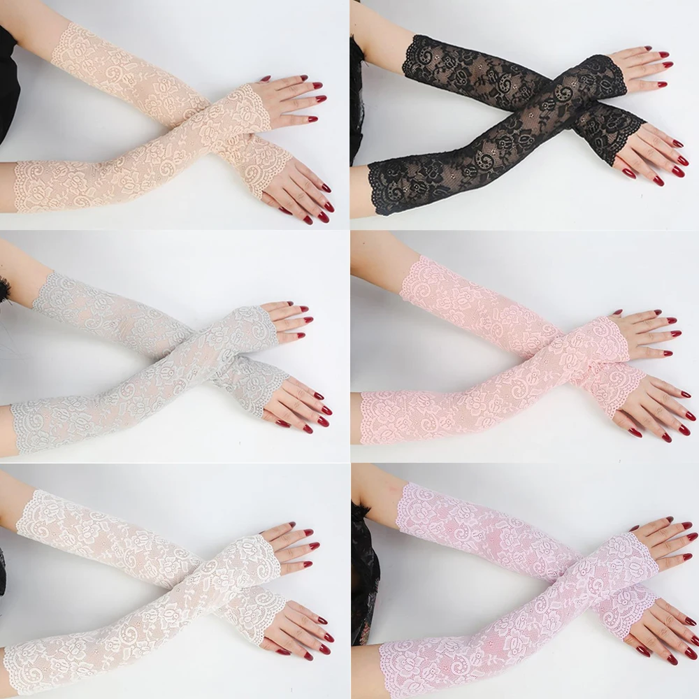 1 Pair Classic Lace Summer Sunscreen Ice Arm Cuffs Arm Sleeve Mittens Arm Cover Fingerless Driving Gloves