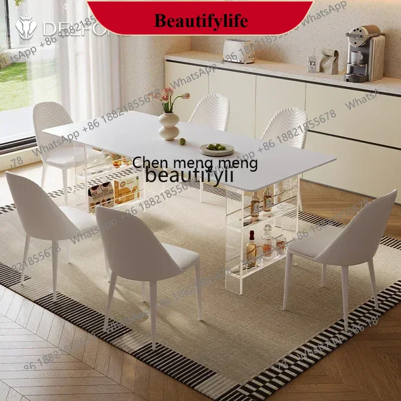 

D178 Acrylic suspended rock slab dining table with rack storage rectangular white dining table
