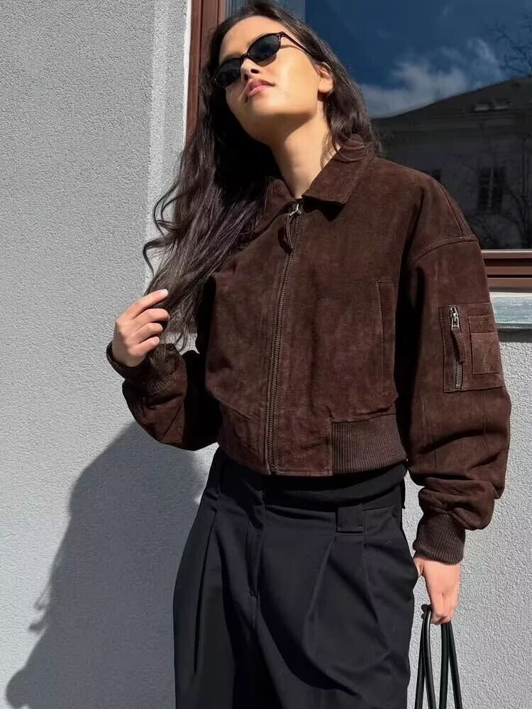 HH 2025 秋物 ソリッドスエード クロップドボンバージャケット レディース ラペル 長袖 ジップポケット ショートコート カジュアル オフィス アウター
