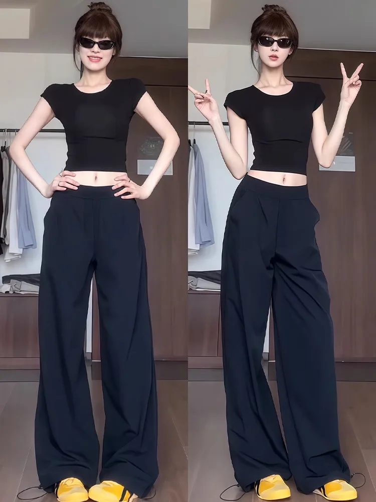 

Синие женские зимние тонкие повседневные свободные брюки прямого кроя, быстросохнущие, в американском стиле, рабочие брюки с деталями на карманах