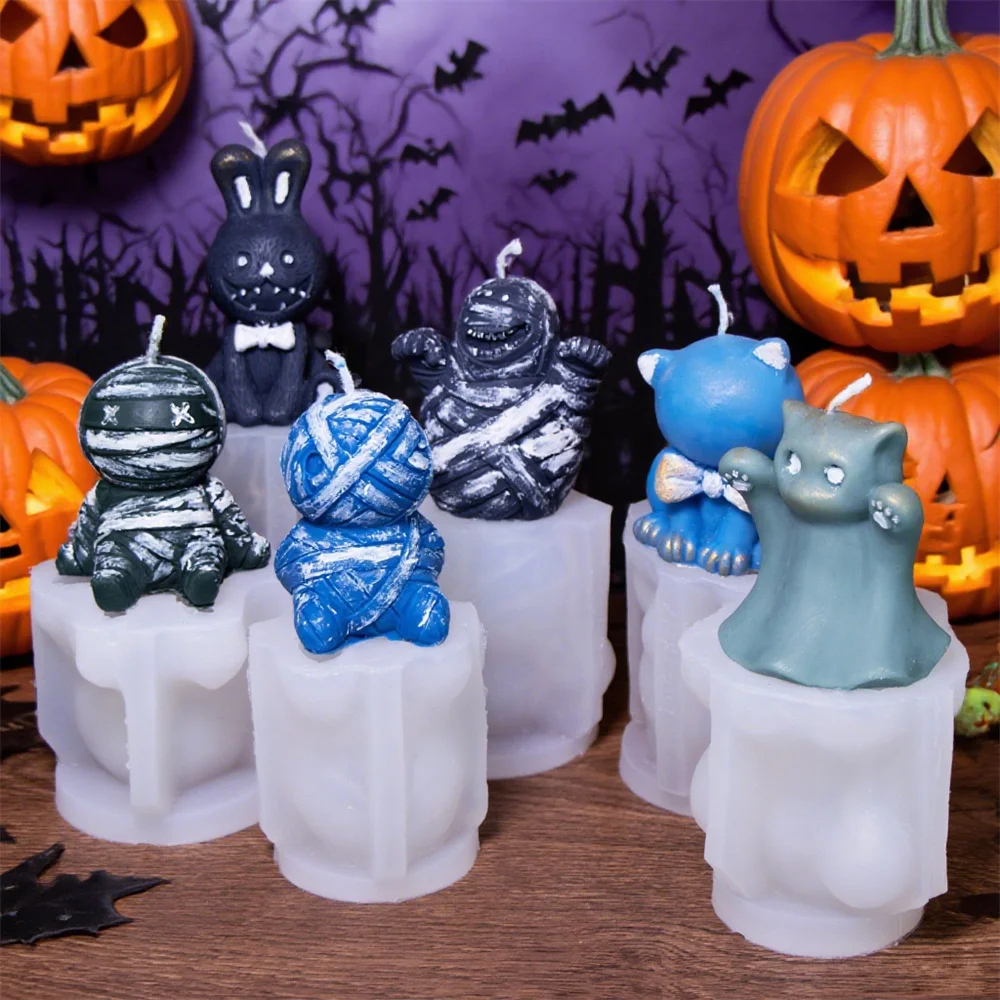 Silikon Mumie Form Halb Gaze Zombie Katze Kerzen Seife Form DIY Hase Ton Harz Gips Ornamente, Der Werkzeug Halloween Dekor