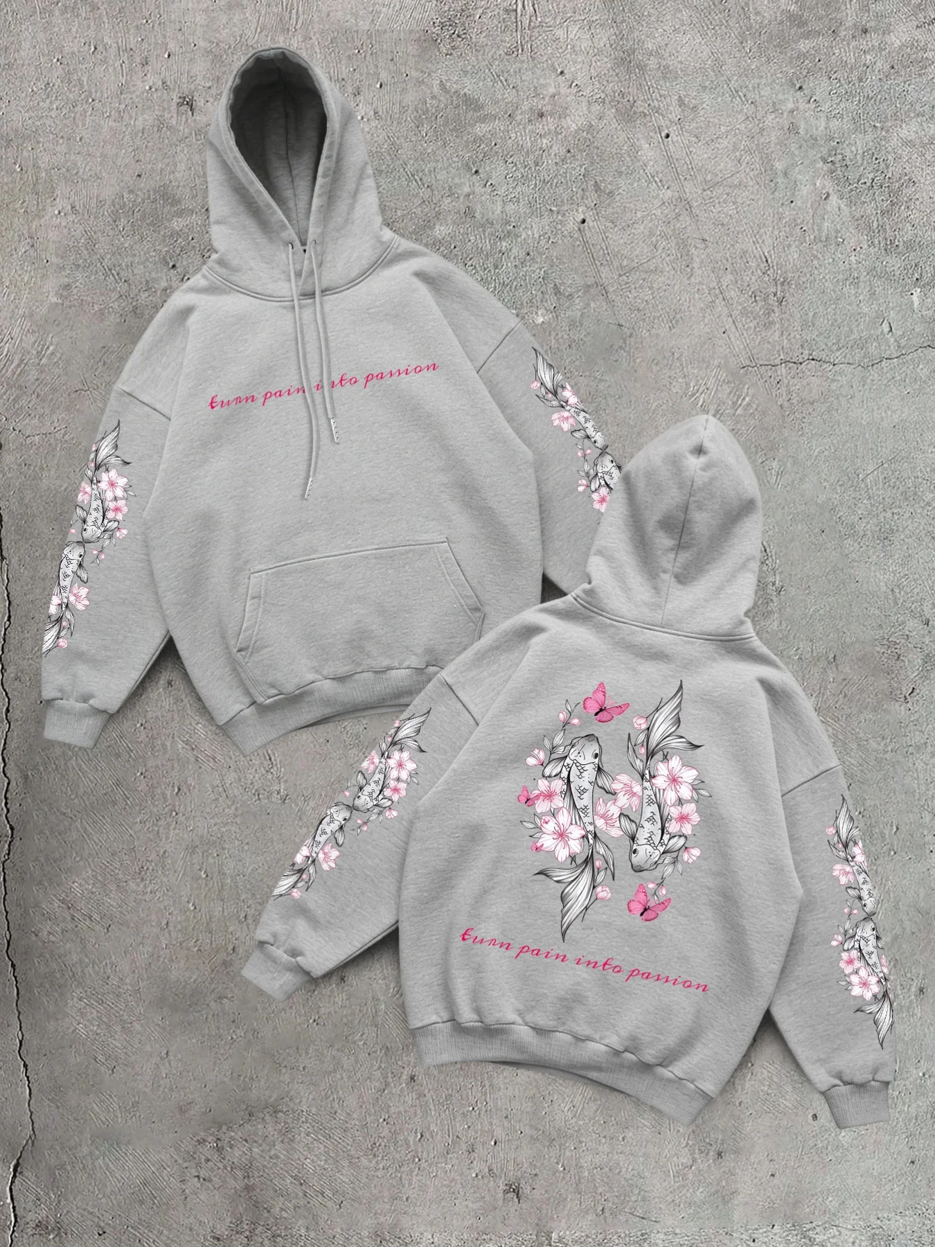Harajuku Koi Cherry Blossoms Print Women Hoodie Pocket All-Match Hoody Vacation Loose Pullovers Autumn Fleece Streetwear