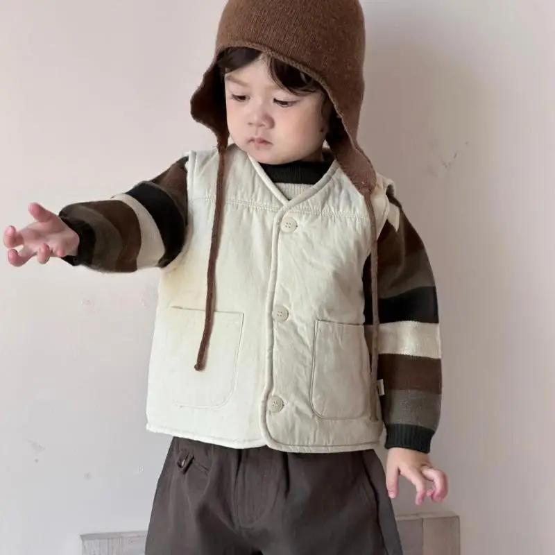 

2025 Winter New Baby Sleeveless Casual Vest Children Cotton Vest Boys Girls Solid Cardigan Infant Warm Tops Kids Clothes
