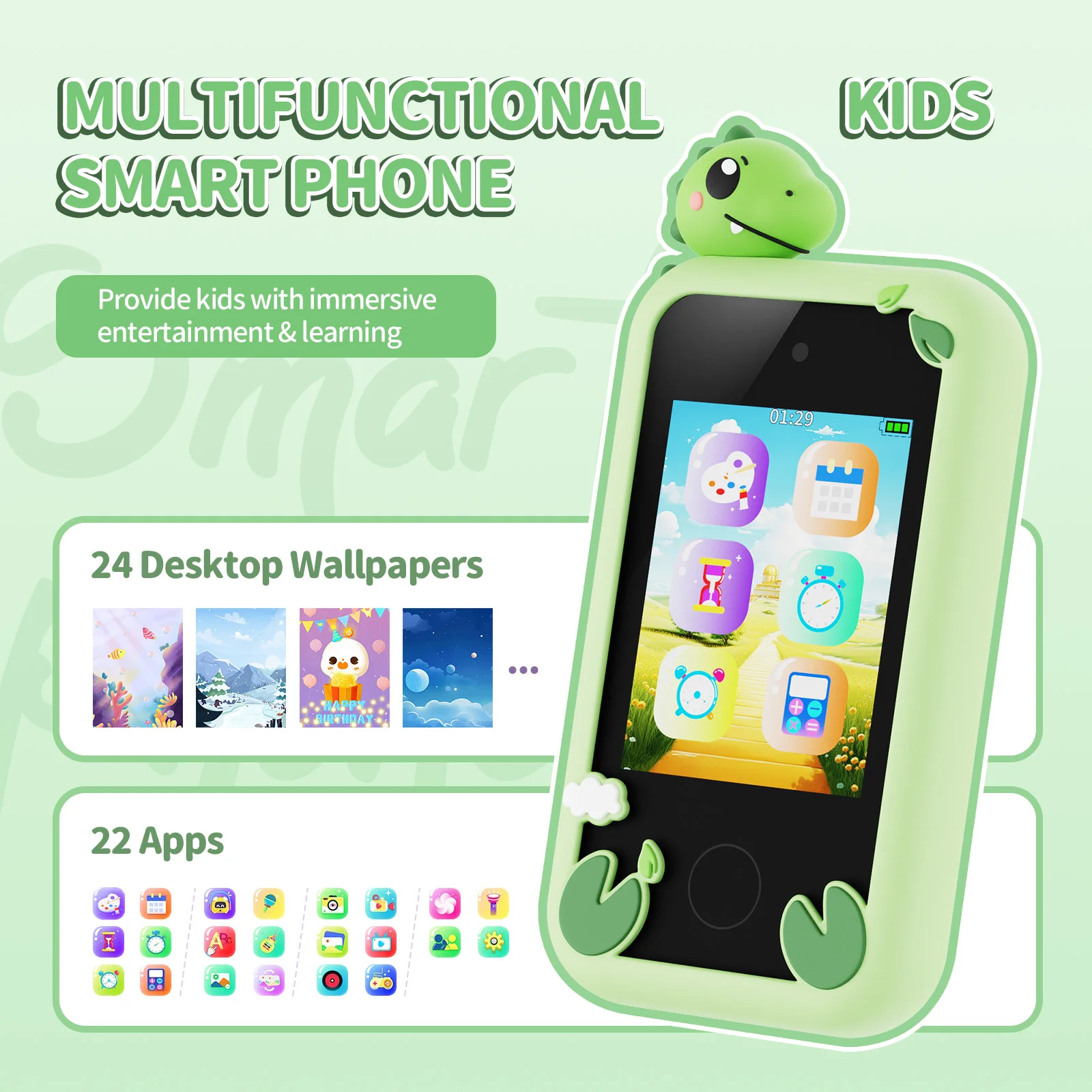 INOCTI enfants téléphone intelligent jouet enfant en bas âge Mobile éducatif apprentissage double caméra lecteur de musique jouets pour cadeaux d'anniversaire de noël