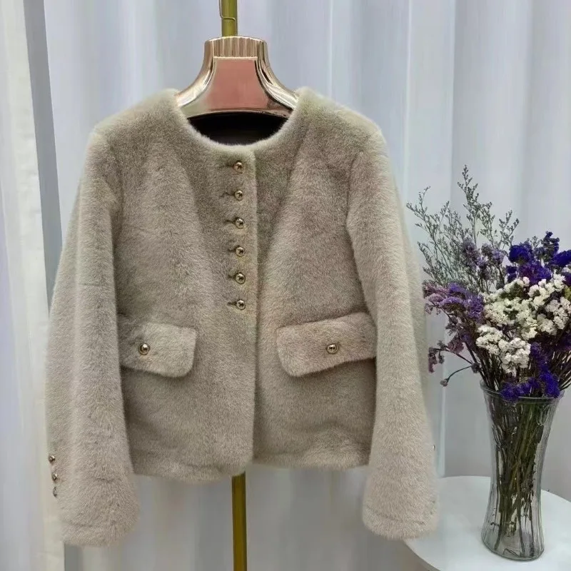 Chaqueta de piel sintética de un solo pecho con cuello redondo de alta calidad, abrigos de piel ecológicos de visón sintético suave de lujo, abrigo de visón para mujer