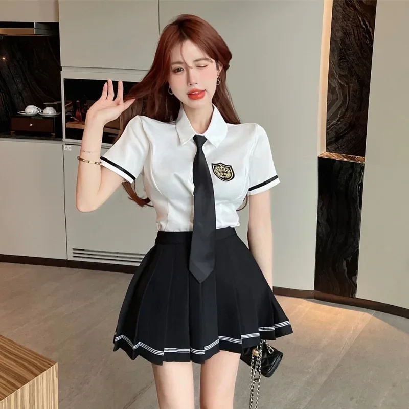 Gege's Summer Preppy Age-Reducing Contrast Color Tie Shirt + High Waist Slim fit Pleated Skirt Jk Uniform Two-piece Set