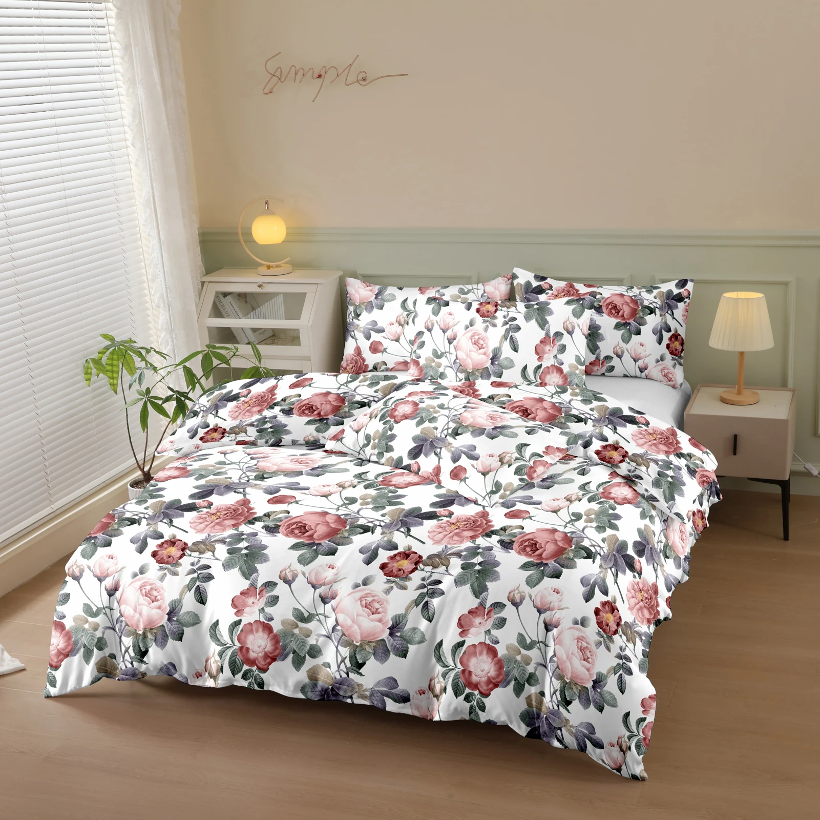 Floral Style Printed Thickened Brushed Printed Duvet Cover Three-Piece Set (2 Pillowcases + 1 Duvet Cover) Polyester Fiber Bedsp