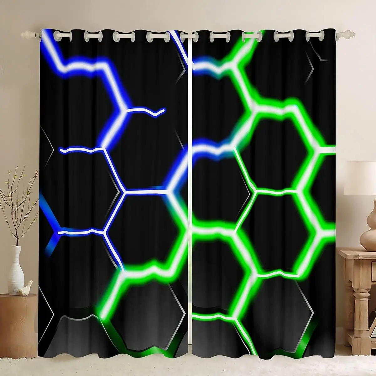 2 panel Glowing Honeycomb Hexagon Geometric Printed Curtains Bedroom Game Room Living Room Kitchen Windows Grommet Top cortinas