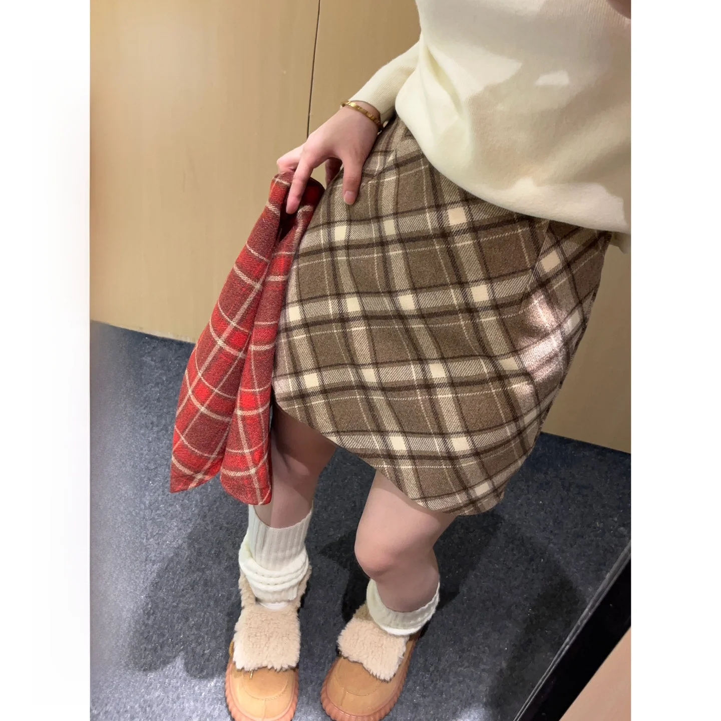 

FANCHOU винтажная шерстяная юбка в клетку, женская юбка трапециевидной формы с высокой талией, зима 2023, Новое поступление, модные женские юбки