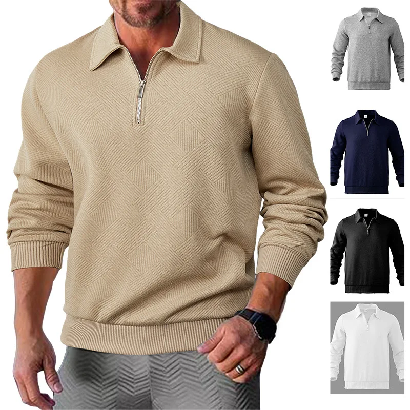 New Spring and Autumn Men’s Half-Zip Jacquard Polo Sweatshirt — Waffle Texture, Lapel Collar, Long Sleeve, Business-Casual Fit