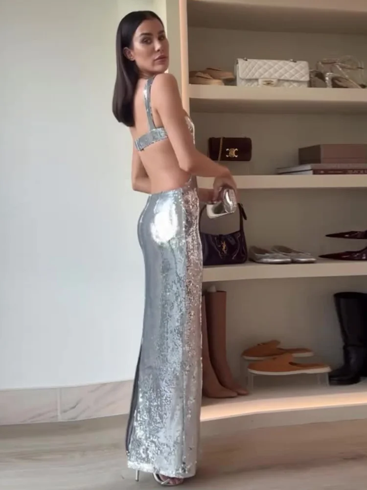 Sukienka cekinowa bodycon na ramiączkach z dekoltem U, bez pleców, bez rękawów, z rozcięciem, błyszcząca sukienka damska na lato 2025, wieczorowa sukienka damska Vestido