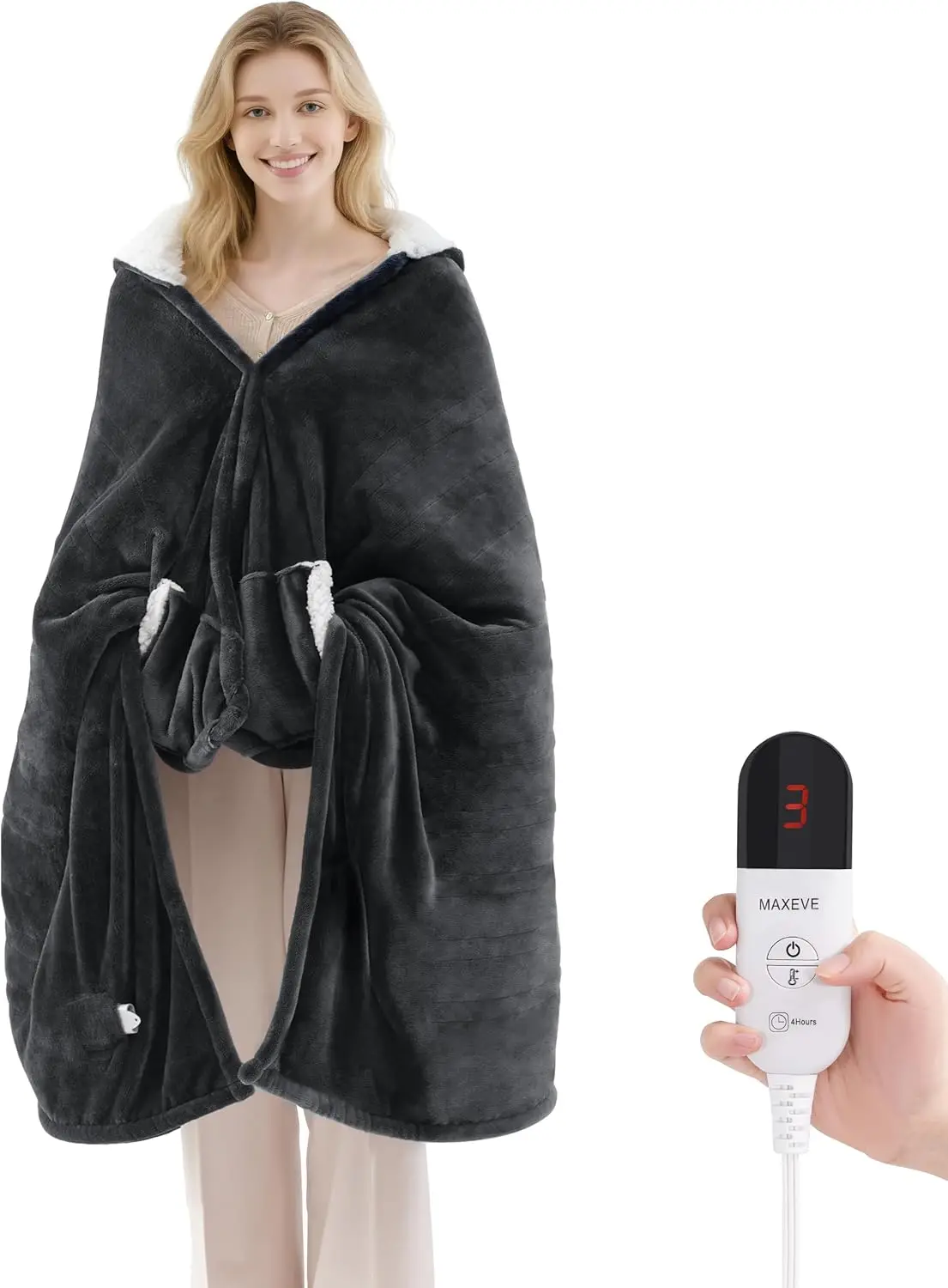 

Wearable Electric Heated Blanket with Hood, Pockets, 6 Heat Levels & Auto Shut Off, Machine Washable in Short Grey