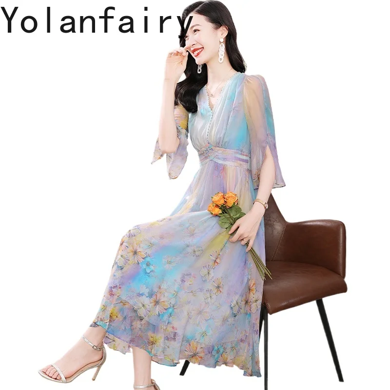 YOLANFAIRY Wysokiej Jakości Sukienka z 100% Prawdziwego Jedwabiu Morwowego Letnia Kolekcja 2025 Francuska Elegancka Sukienka Damska z Dekoltem w Serek Długa Sukienka w Kwiaty Платье
