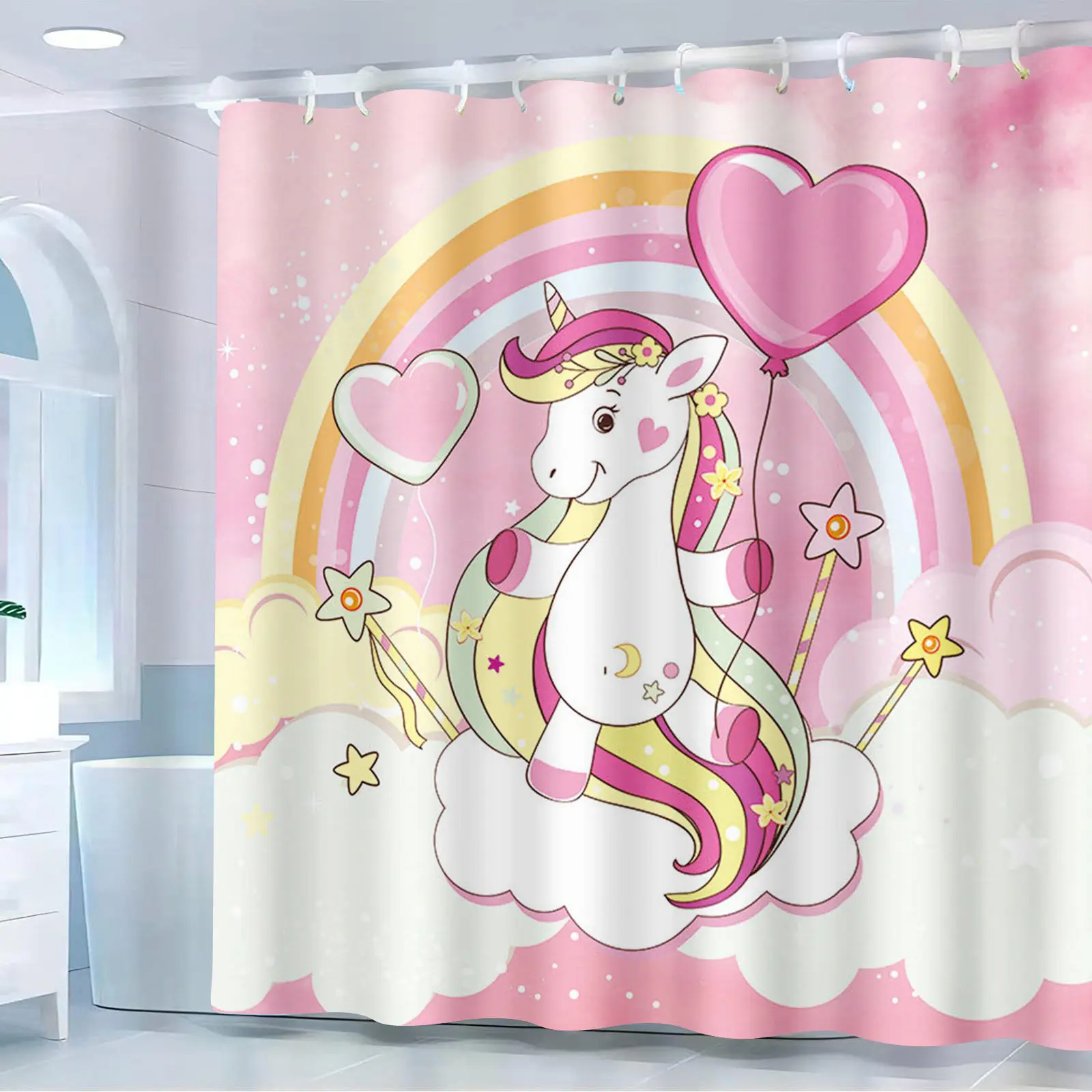 Niedlicher Regenbogen-Einhorn-Duschvorhang, rosa Herz-Ballon-Wolken-Muster, wasserdichter Stoff, Badezimmervorhang für Kinder, Mädchen, Badezimmer