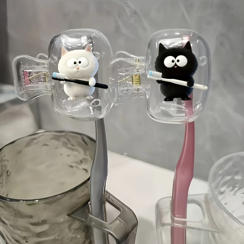 2pcs White Kitten And Black Kitten Portable Toothbrush Clip Protective Cover  Bathroom Accessory for Home and Business Travel