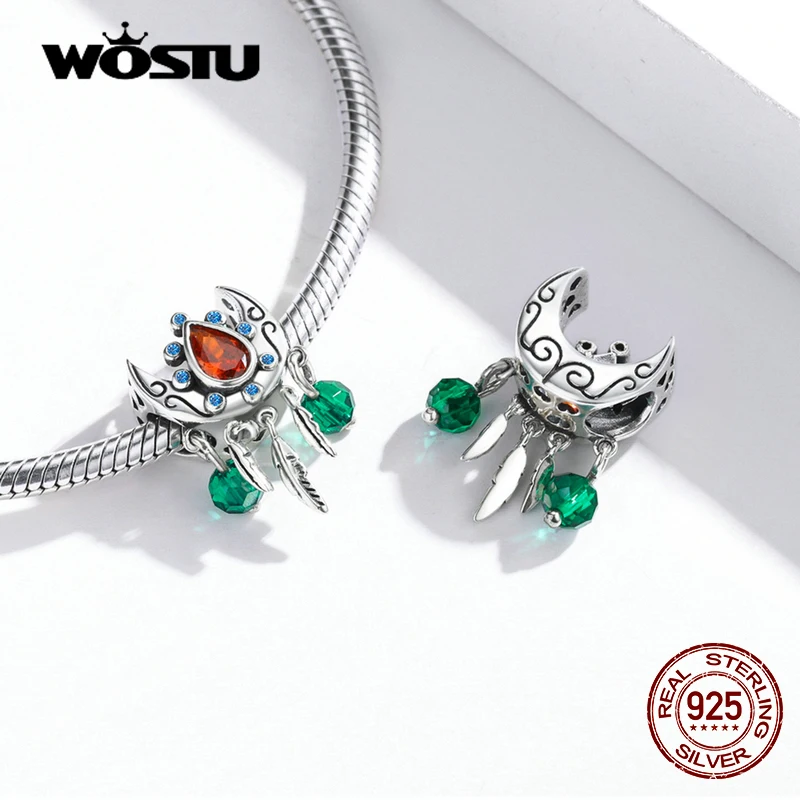 WOSTU 925 Sterling Silver Bohemian Moon Dreamcatcher Charm Beaded Pendant for Women Fit Original DIY Bracelet Necklace Jewelry