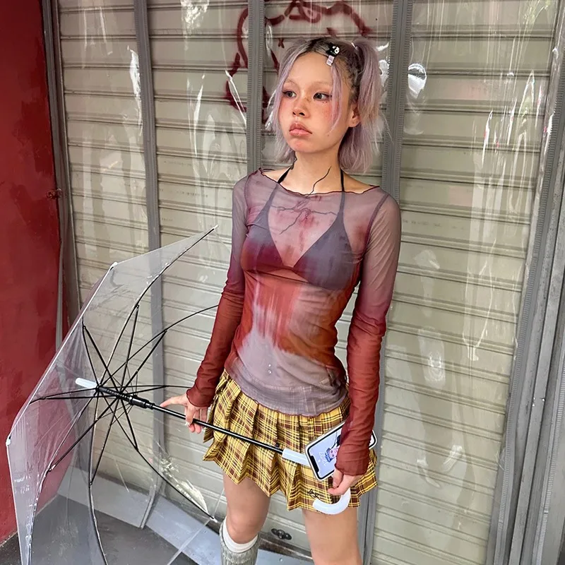 Karrram Y2k Coquette Mesh Tops Japanese 2000s Style Sheer Top Vintage Harajuku See Through T-shirt Grunge Aesthetics Tie Dye Tee