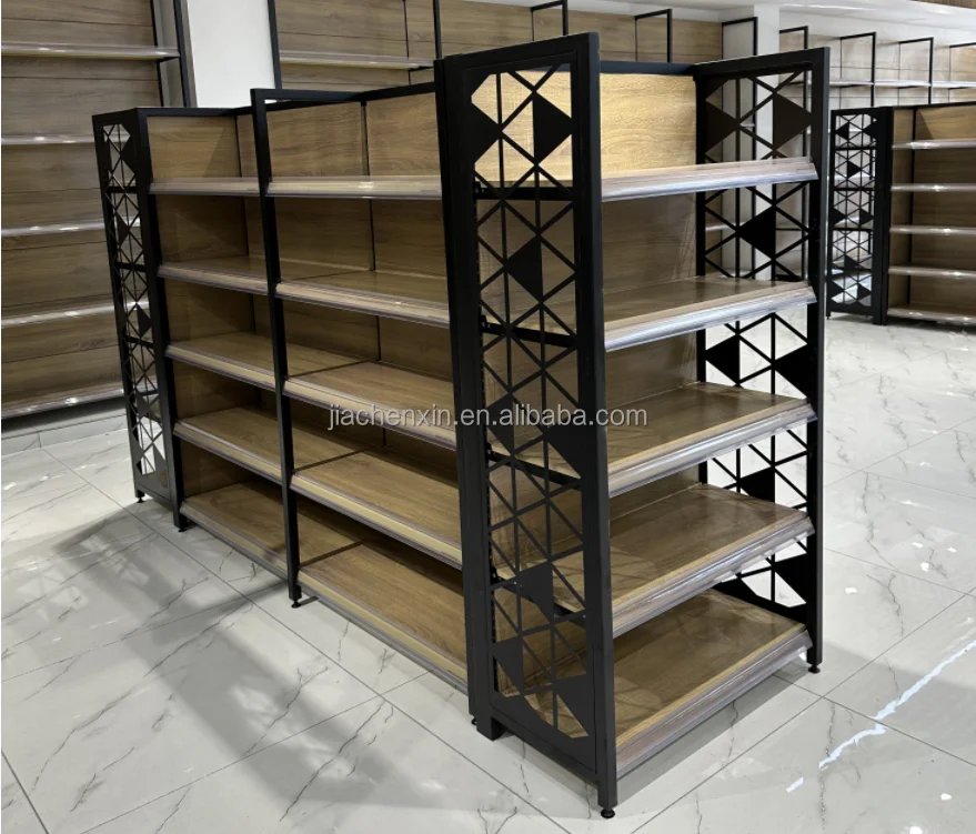 Custom.Wooden Metall Holz Farbe Gondel Regal Supermarkt Display Regale Design Lebensmittelgeschäft Display Regal Doppelseitiges Rack
