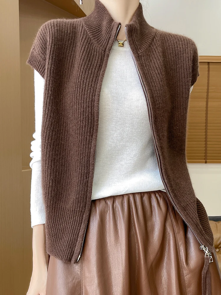 

New 100% Merino Wool Women Zippers Waistcoat Sleeveless Cardigan Sweater Autumn Winter Pure Wool Knitwear Korean Popular Tops