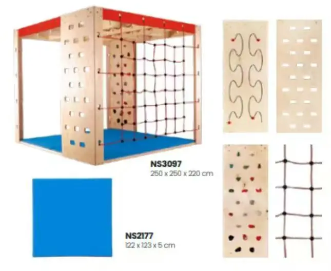 ملعب داخلي متعدد الوظائف مع سلالم خشبية وحبل شبكي للتسلق على الحائط لصالة الألعاب الرياضية العائلية للأطفال