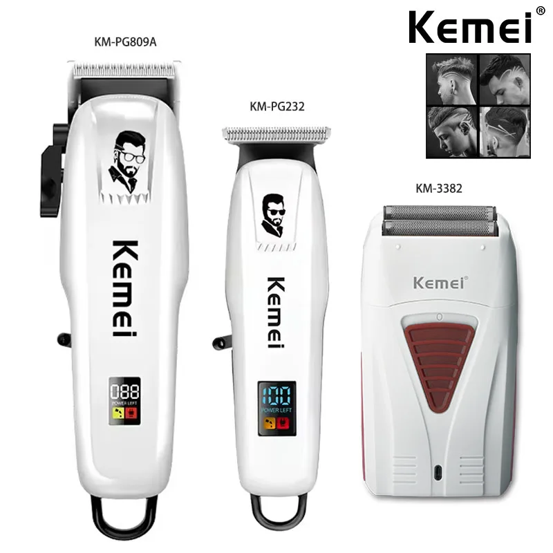 Kemei KM-PG809A KM-PG232 LCD USB ładowanie maszynka do strzyżenia włosów regulowana profesjonalna maszyna do cięcia KM-3382 golarka trymer dla mężczyzn