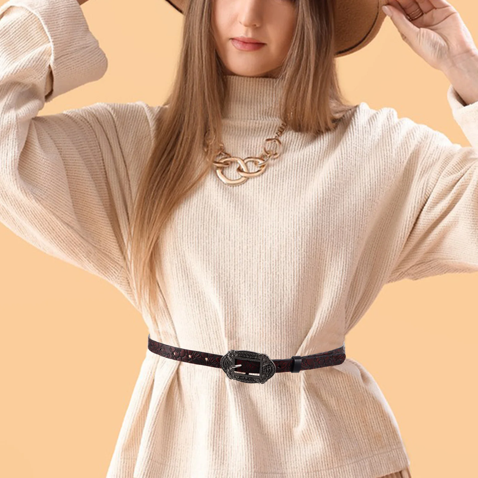 

Vintage Western Floral Embossed PU Belt Adjustable Alloy Buckle Cowboy Belt for Women Jeans Dresses Country Belts for Women