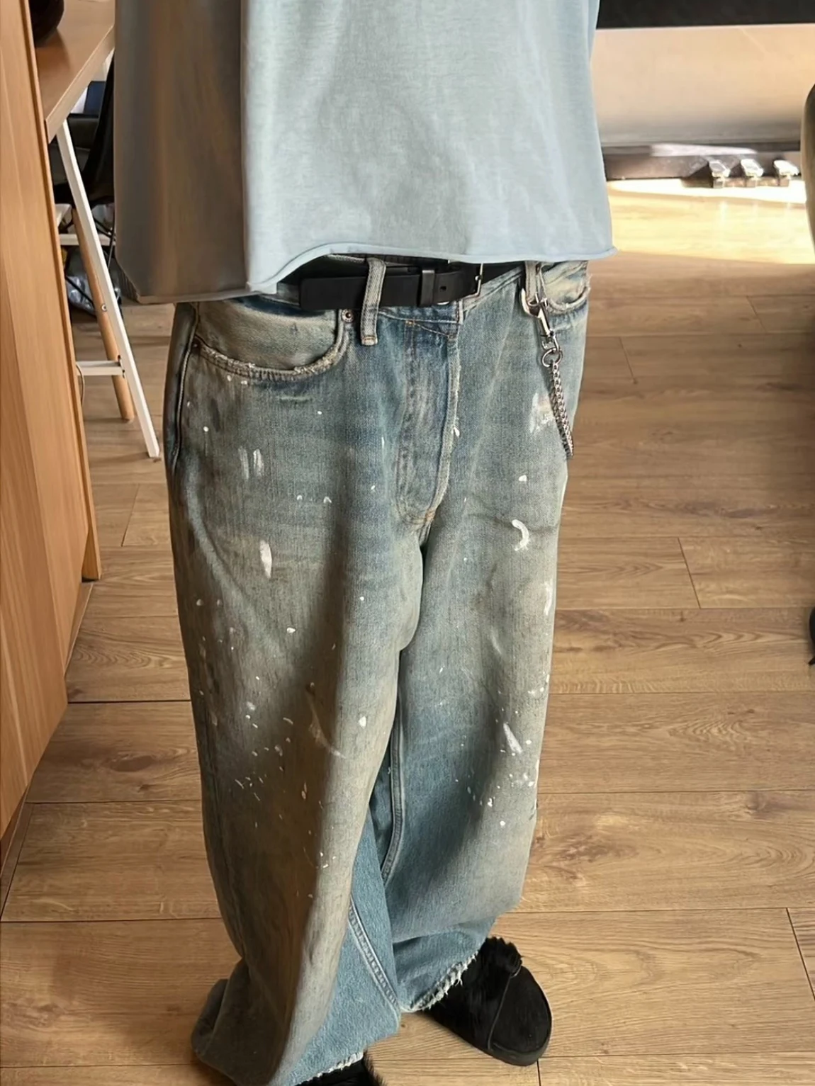 

Loose Men's Wide Leg Jeans Casual Straight Cut Paint Splatter Denim Pants Summer Trendy Loose Fit High Waist Five ket