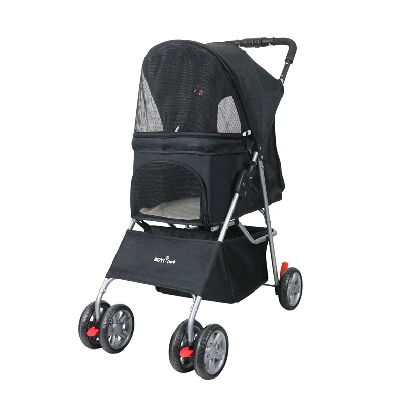 Advanced 4-Wheel Foldable Pet Stroller Waterproof Windproof Detachable Collapsible Oxford Cloth Metal Frame One-Button Folding