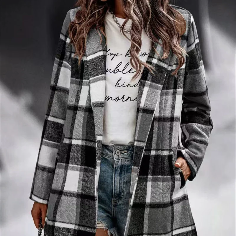 2023 Autumn/Winter New Age Reducing Lazy Style Simple Slim Loose Plaid Print Long Sleeve Pocket Suit Collar Woolen Female Coat