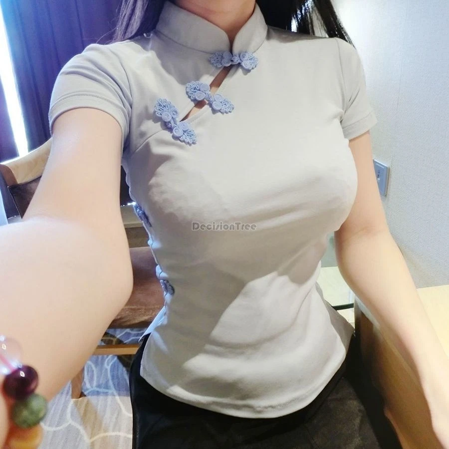 

2025 chinese improved retro fashion style slimming tang suit short sleeved stand collar hollow out deisgn women cheongsam top