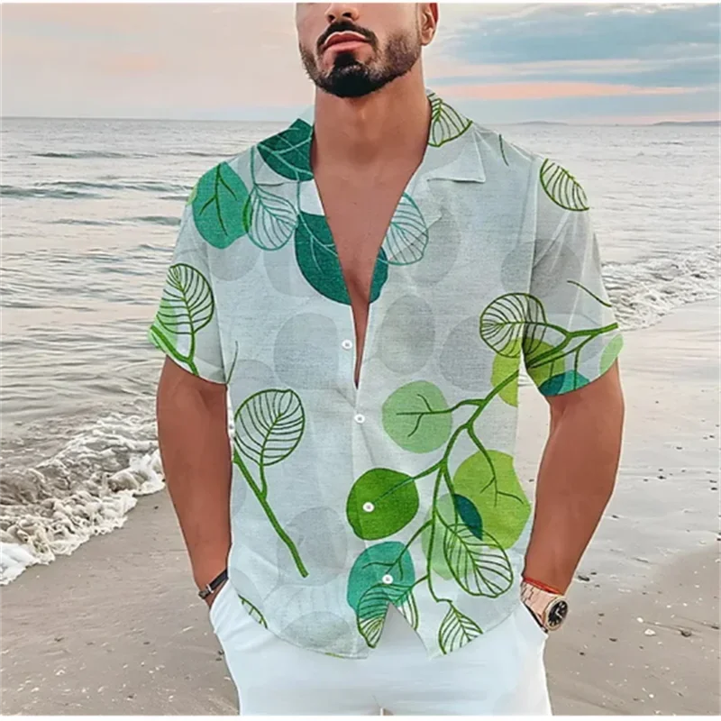 Camisa havaiana masculina com estampa de flores 3D, gráfico folha, amarelo claro, manga curta, roupas de cardigã, praia tropical, 3DT, XS-5XL, novo