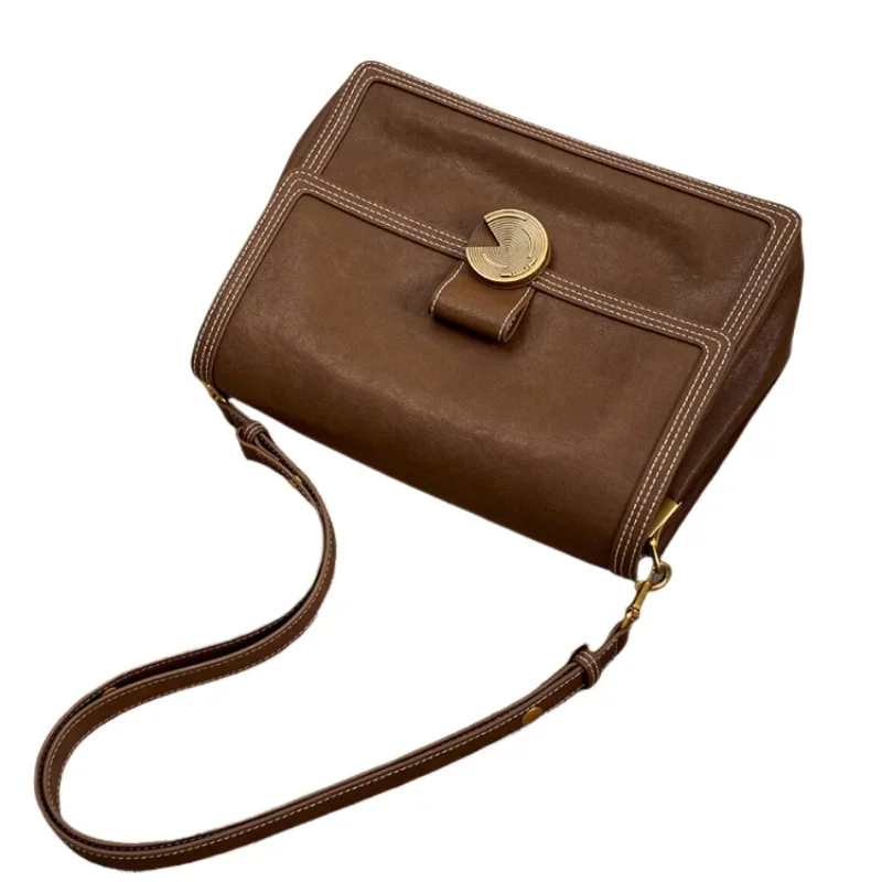 

Retro small square bag women's deep black coffee color new autumn and winter cowhide shoulder bag design sense