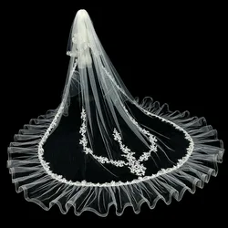 Luxury White Wedding Veils Charming Lace Appliques Wedding Accessories Glamorous Ruffles Cathedral Length Bridal Veils