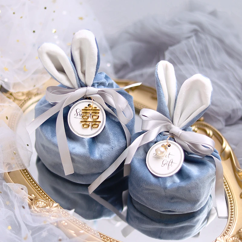 Velvet Bags Easter Chocolate Cartoon Rabbit Ears Candy Cookie Packaging Bag Jewelry Organizer Wedding Birthday Party Decoration