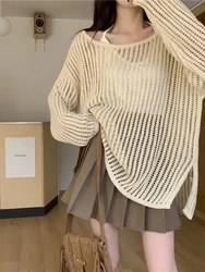 Knitted Pullover Hollow Out O-neck Solid Color Loose Casual Sexy Spring Summer 2024 Korean Fashion T-shirt.