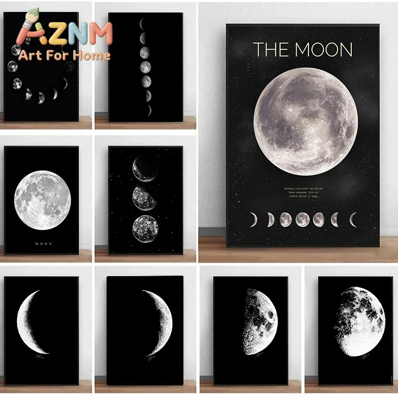 Black White Art Moon Phase Posters Aesthetic Canvas Prints Painting Wall Picture for Living Room Bar Cafe Home Decor Cuadros