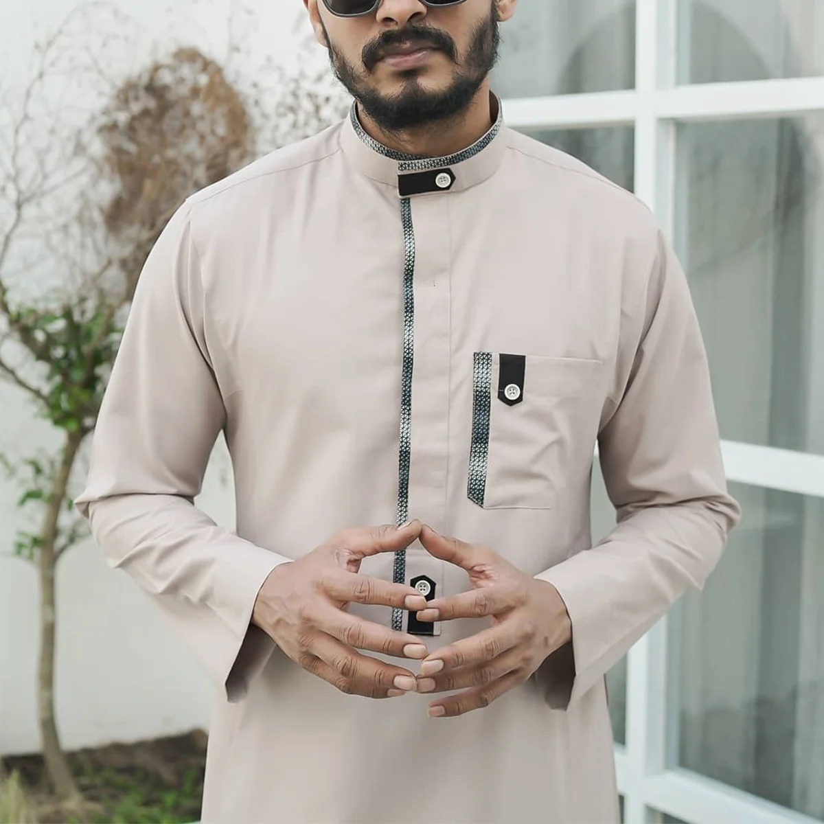 Kaftan men's robe Muslim long sleeve color block Formal wear Islamic loose Arabic ethnic style men's casual robe